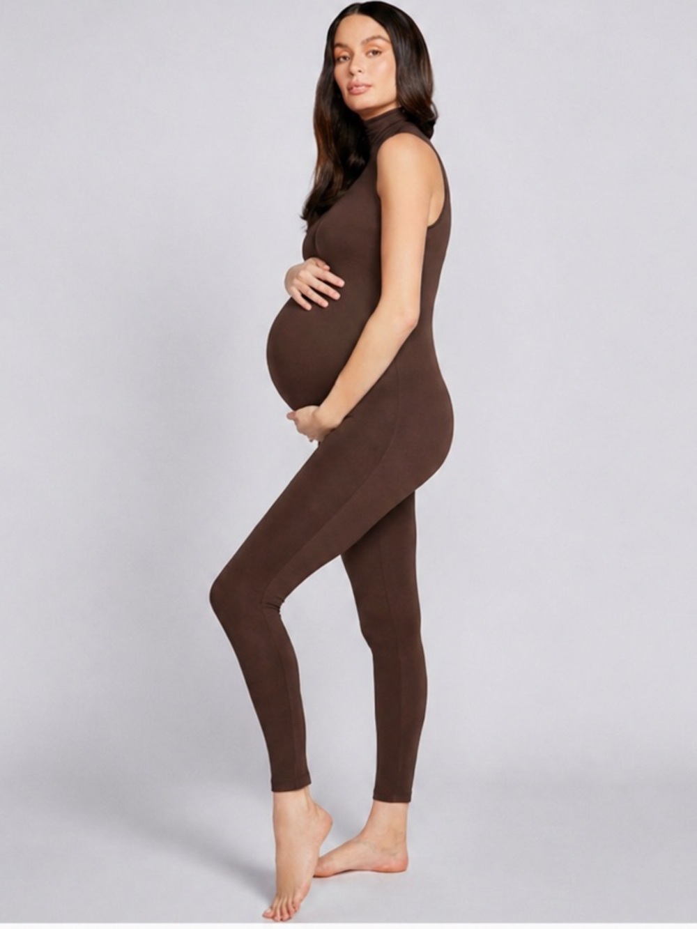 Bumpsuit The Stevie Maternity Sleeveless Mock Neck Bodysuit Jumpsuit Brown S